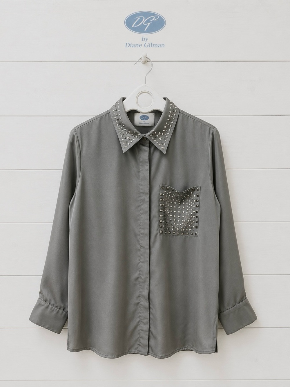 DIANE GILMAN Grey Studded Collar Blouse – Size S